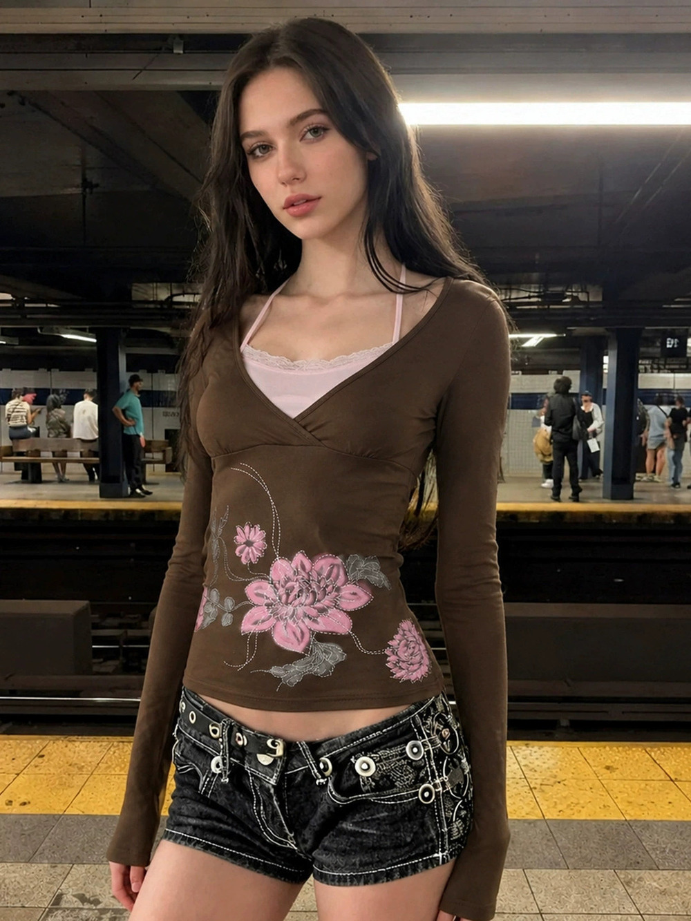 ZARA Girly Floral Halter Neck Tie Faux Layered Slim Long Sleeve Tee Autumn